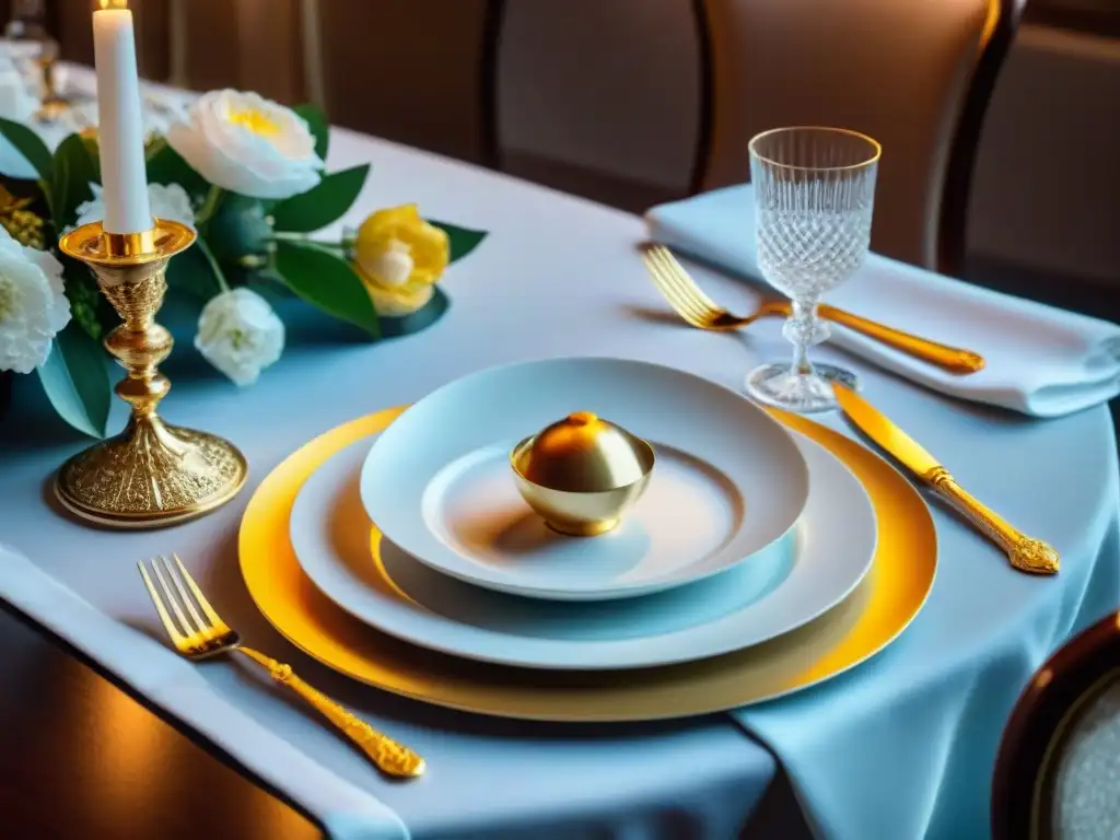 Una mesa elegante para una cena francesa con vajillas de lujo, detalles dorados y patrones florales delicados