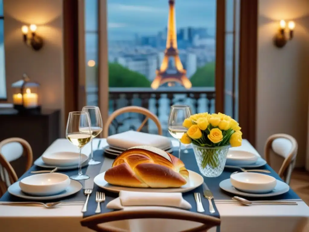 Una mesa elegante para una cena temática francesa innovadora, decorada con elementos clásicos y románticos de París