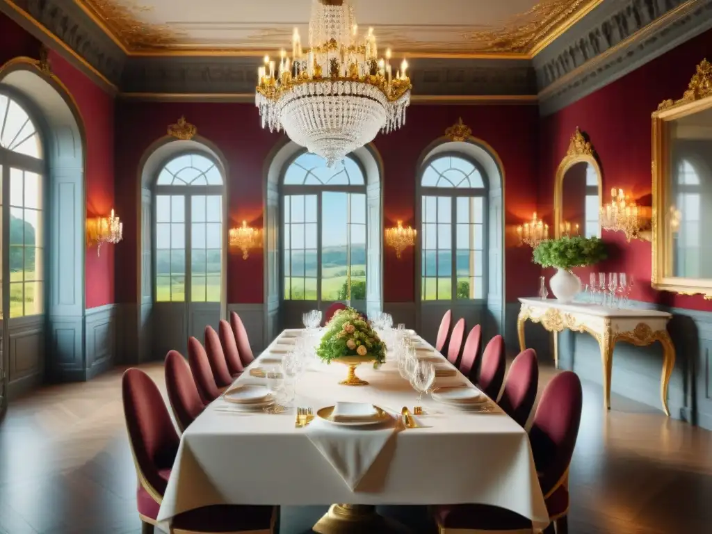 Una mesa elegante en un Château Francés, con cubiertos de plata, copas de cristal y platos de porcelana