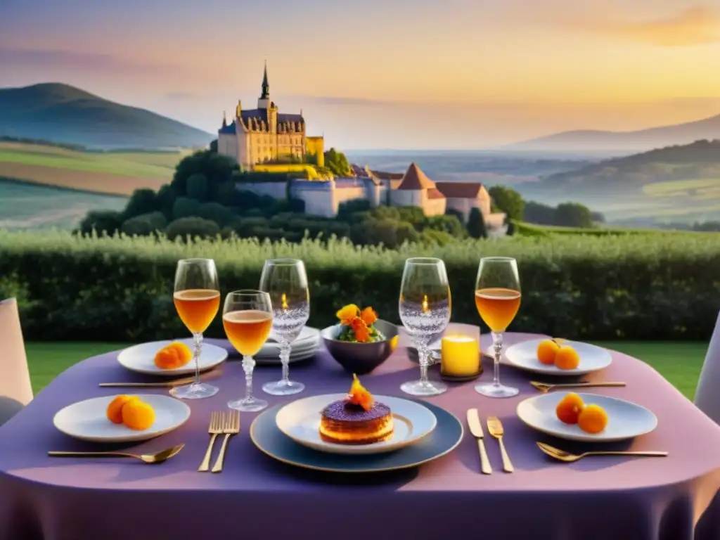 Una mesa elegante en un chateau francés con vajilla fina y cocina francesa avanzada