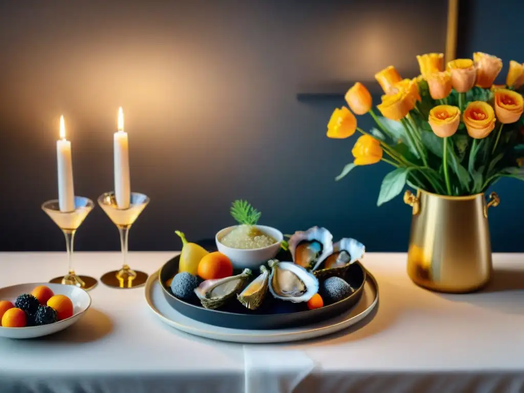 Mesa elegante con copas de champagne, ostras, caviar y quesos finos