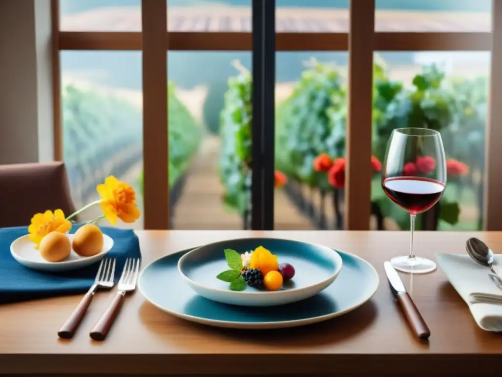 Una mesa elegante con copas de vino, cubiertos pulidos y platos gourmet coloridos, todo bañado en luz natural