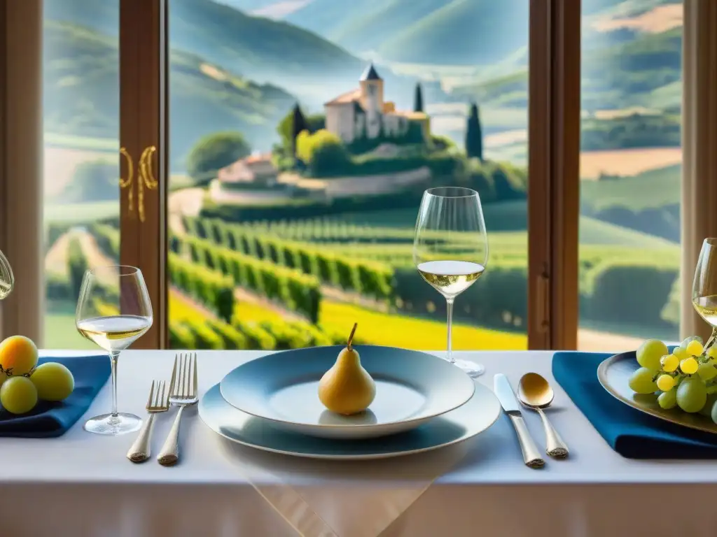 Una mesa elegante con una exquisita ambientación para una experiencia culinaria francesa sofisticada