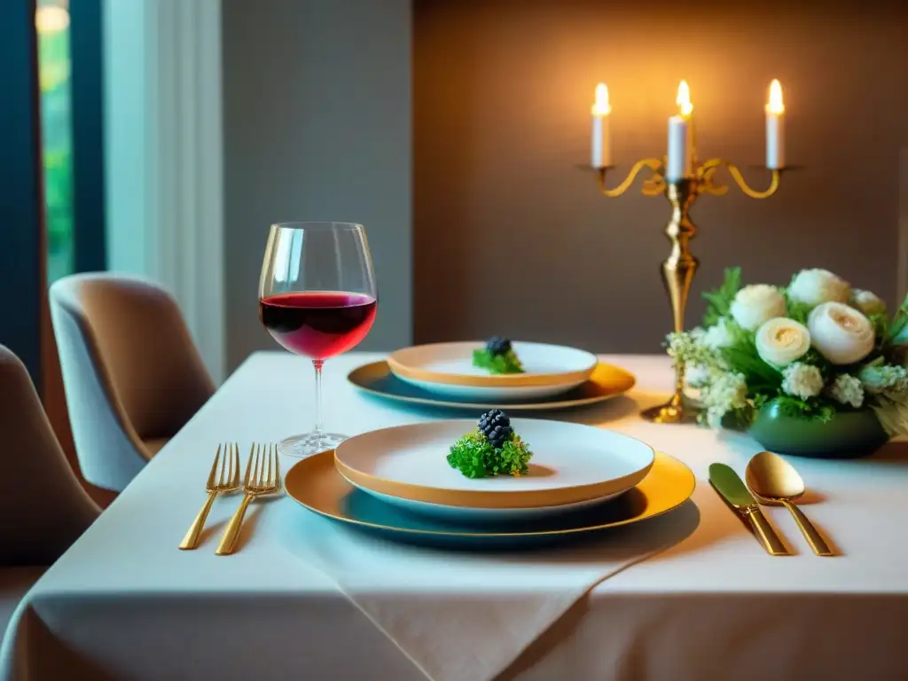 Una mesa elegante con un exquisito maridaje vinos platos presentación perfecta en ambiente refinado