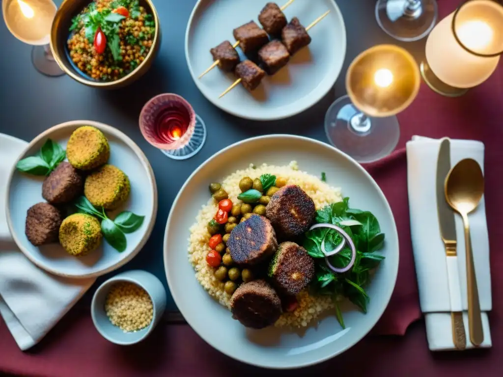 Una mesa elegante con exquisitos platos francoárabes y vinos, en ambiente cálido de velas