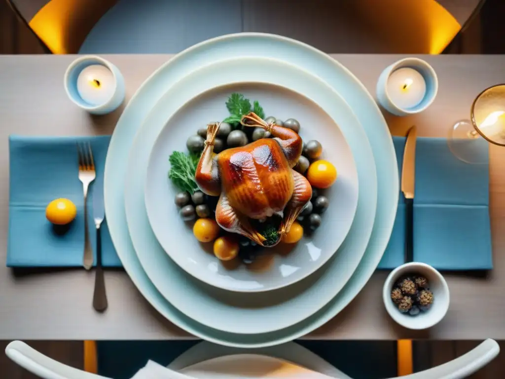 Una mesa elegante de gastronomía francesa y literatura, con personajes cenando en una atmósfera refinada y acogedora