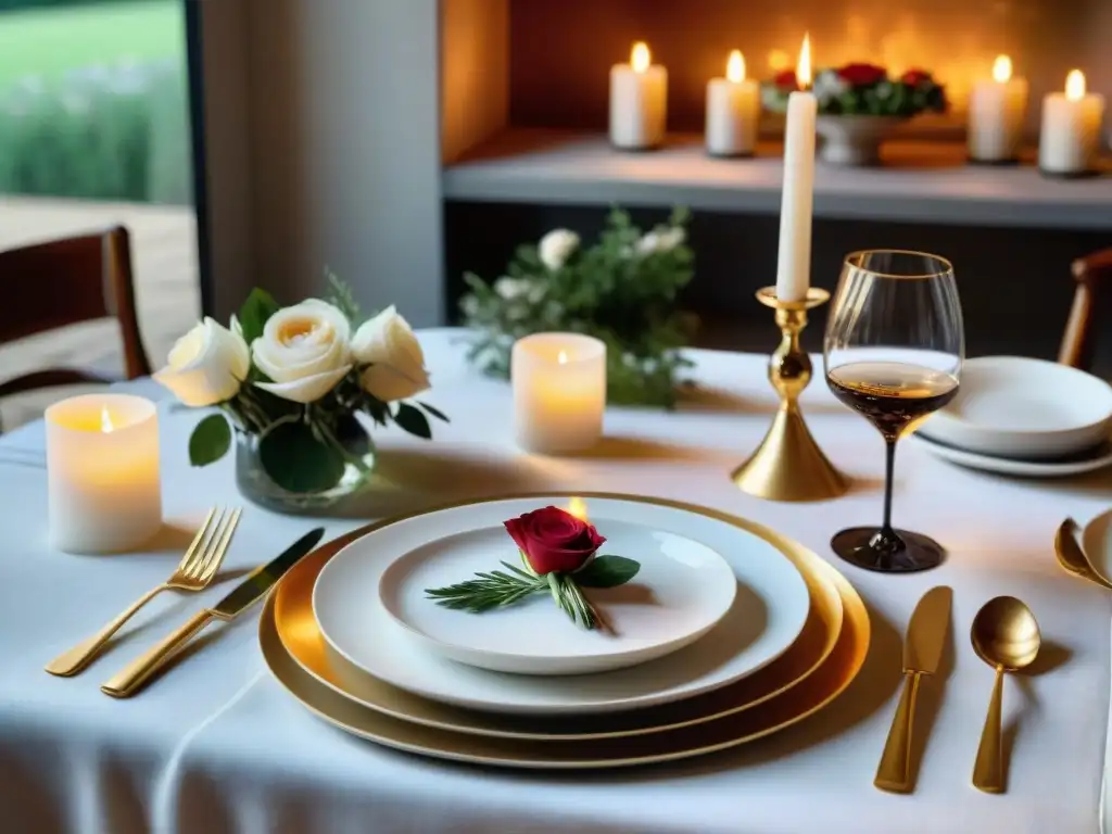 Una mesa elegante lista para una cena francesa, con mantel blanco, vajilla fina, copas de cristal y cubiertos de plata