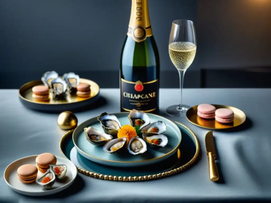 Una mesa elegante con maridajes con Champagne innovadores: ostras con caviar, foie gras con compota de higos y macarons de ganache de Champagne