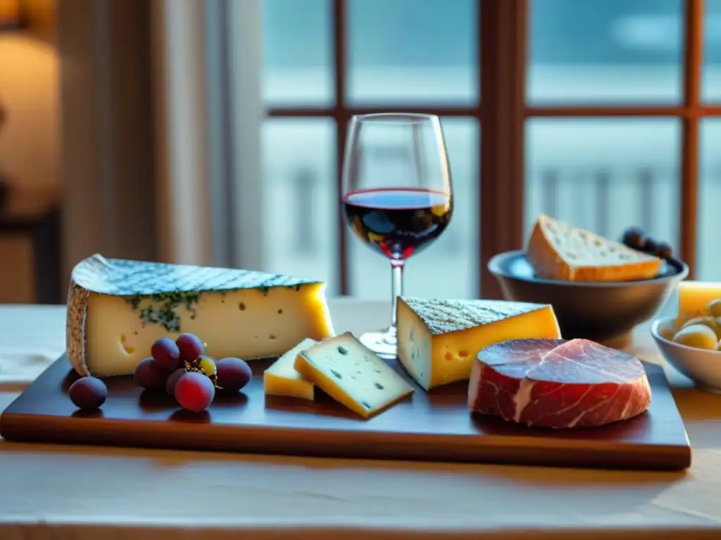 Una mesa elegante con maridajes vinos tintos franceses: copas, quesos, embutidos y chocolates oscuros, bañados en cálida luz natural