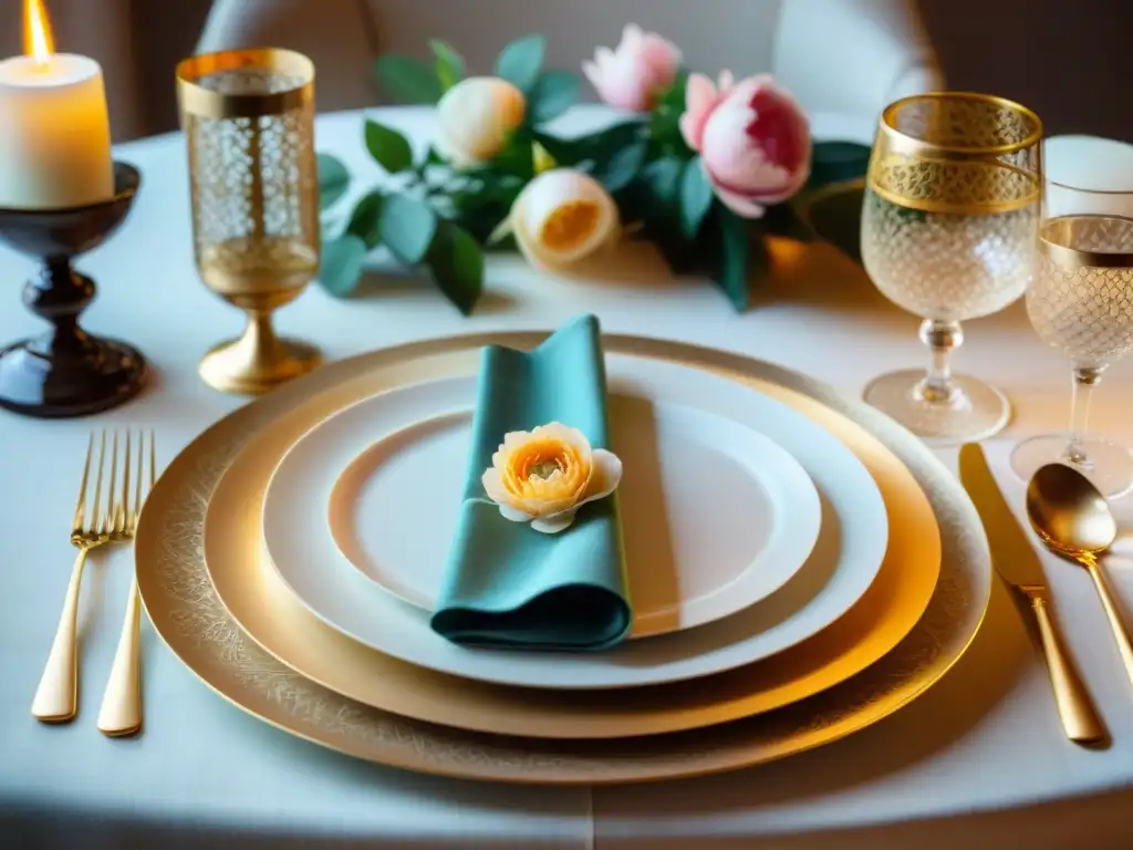 Una mesa elegante con decoración de platos estilo francés, cristalería y mantelería en un ambiente de lujo y refinamiento