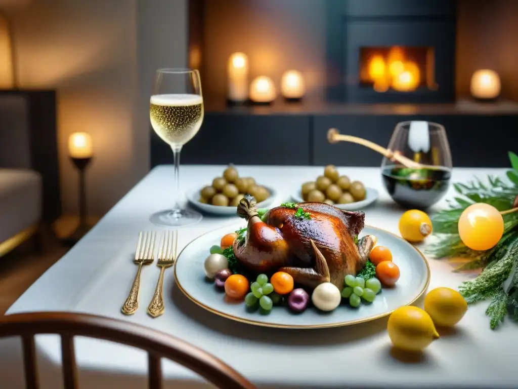 Una mesa elegante con platos franceses y variedad de vinos espumosos