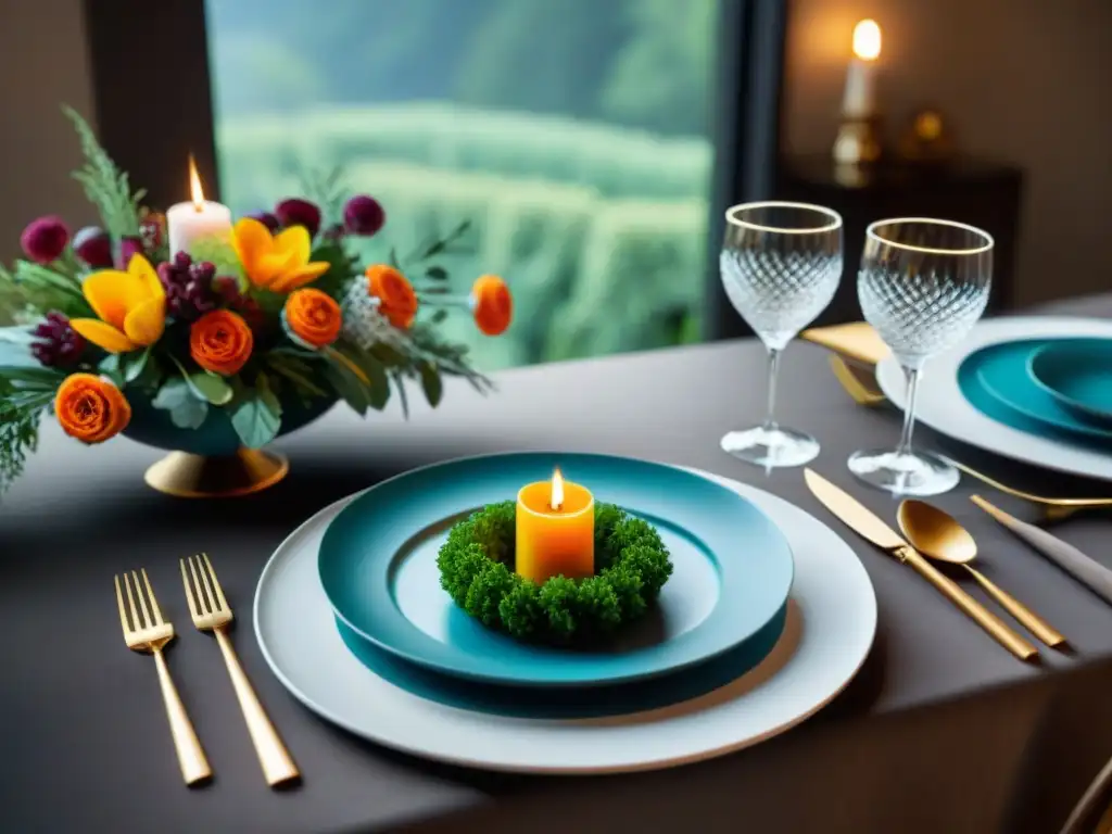 Una mesa elegante con platos exquisitamente presentados y decoración a juego