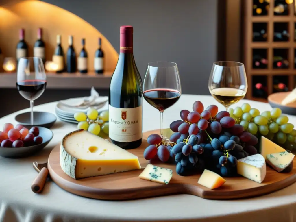 Una mesa elegante preparada para una cata de vinos de Borgoña con luces suaves resaltando la sofisticación