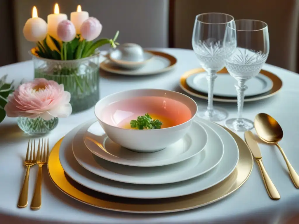 Una mesa elegante preparada para una comida tradicional francesa, con fina vajilla, cristalería y cubiertos de plata, todo meticulosamente dispuesto sobre un mantel blanco impecable