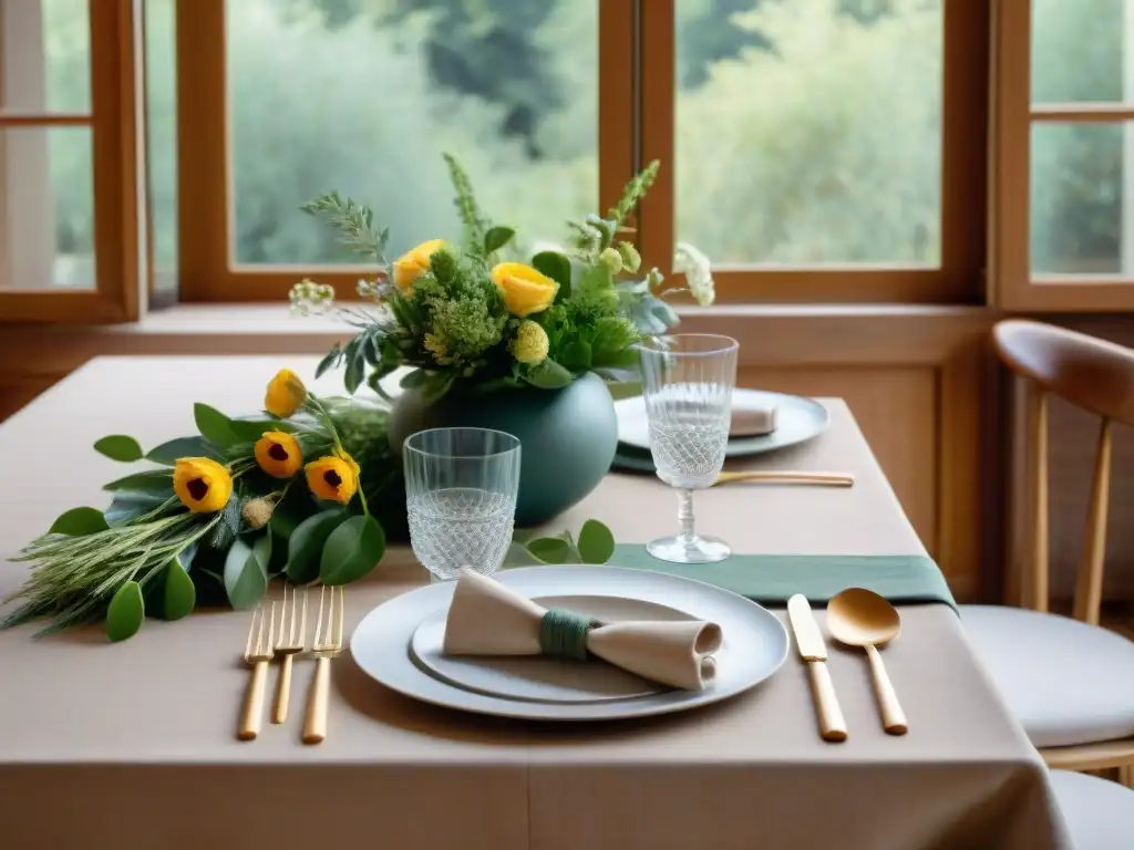 Una mesa elegante en un restaurante ecofriendly en París, reflejando sostenibilidad y sofisticación con utensilios reutilizables, cristalería reciclada y servilletas de lino orgánico, rodeada de exuberante vegetación y flores frescas locales