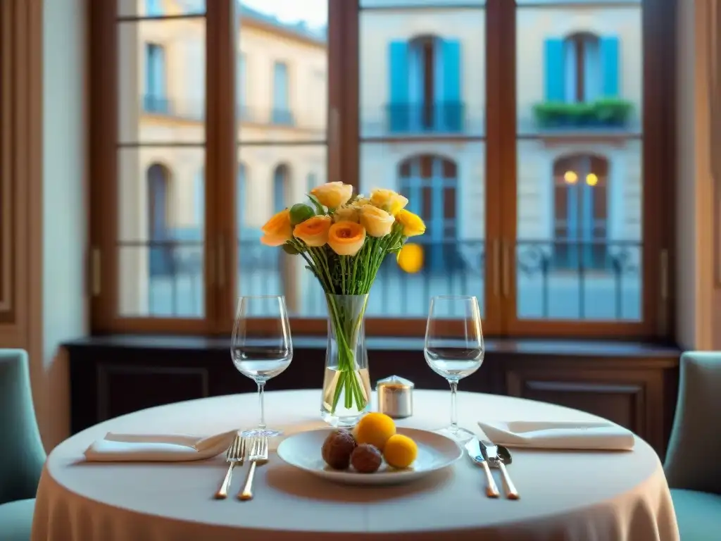 Mesa elegante en restaurante de Burdeos con encanto, cristalería fina y flores frescas bajo cálida luz natural