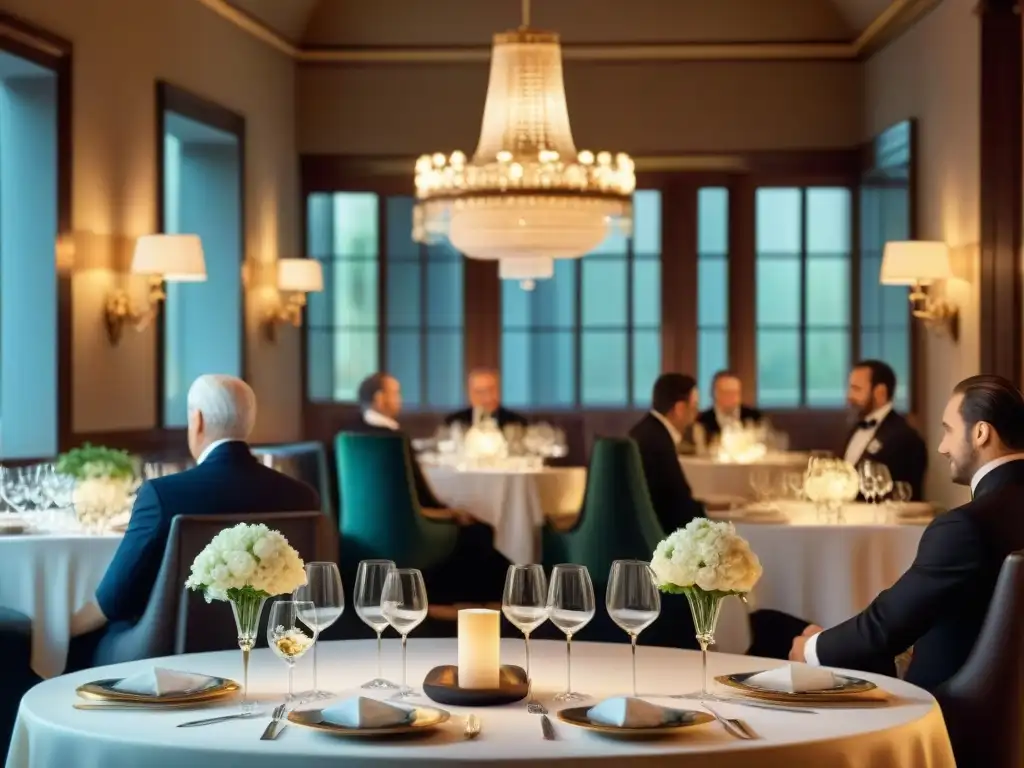 Una mesa elegante en un restaurante estrella Michelin en Francia, iluminada por velas y rodeada de comensales sofisticados