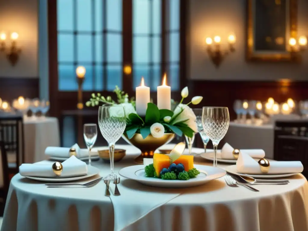 Una mesa elegante en un restaurante francés con maridaje de Champagne y exquisitas comidas