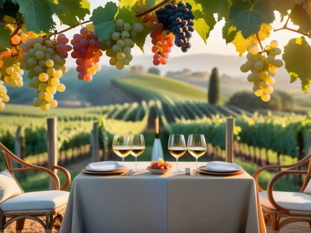 Mesa elegante en restaurante de viñedo con vista a viñedos, copas de vino, platos gourmet y comensales en sofisticada charla