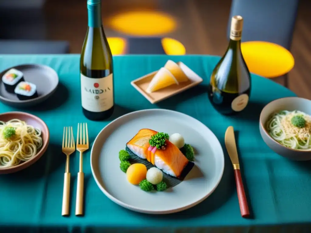 Mesa elegante con Maridar Riesling de Alsacia y platos internacionales, ideal para maridajes vinos Alsacia platos internacionales