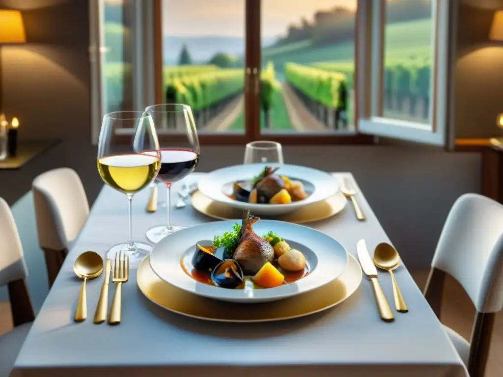 Una mesa elegante con vajilla blanca, copas de vino, platos gourmet franceses y luz natural