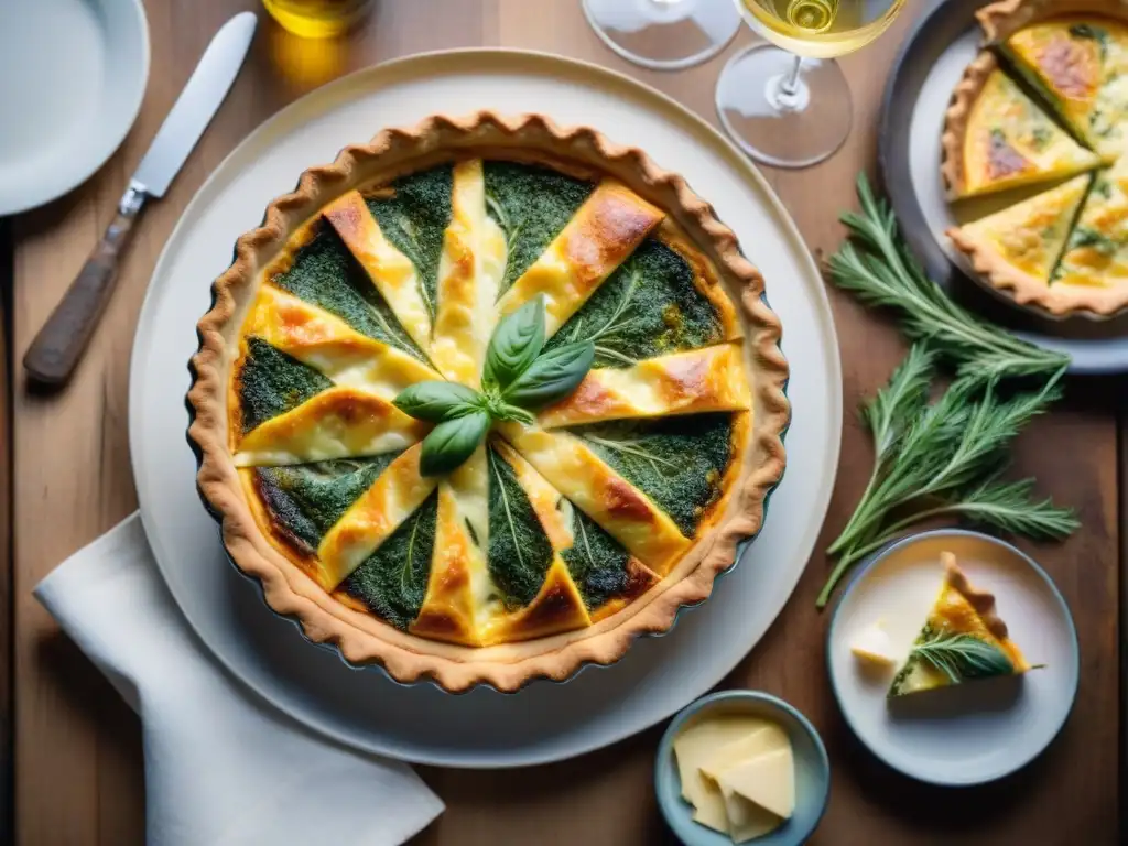 Una mesa elegante con una variedad de vinos, quesos y hierbas frescas alrededor de una quiche dorada