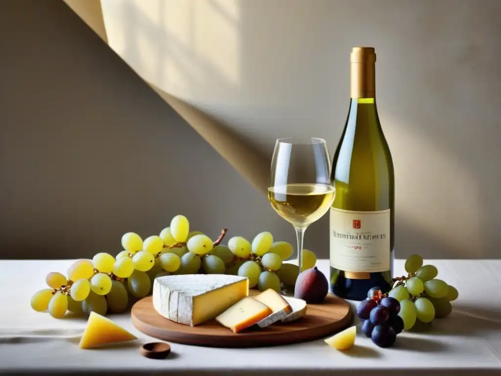 Una mesa elegante con vinos blancos franceses y delicatessen festivas bajo luz natural