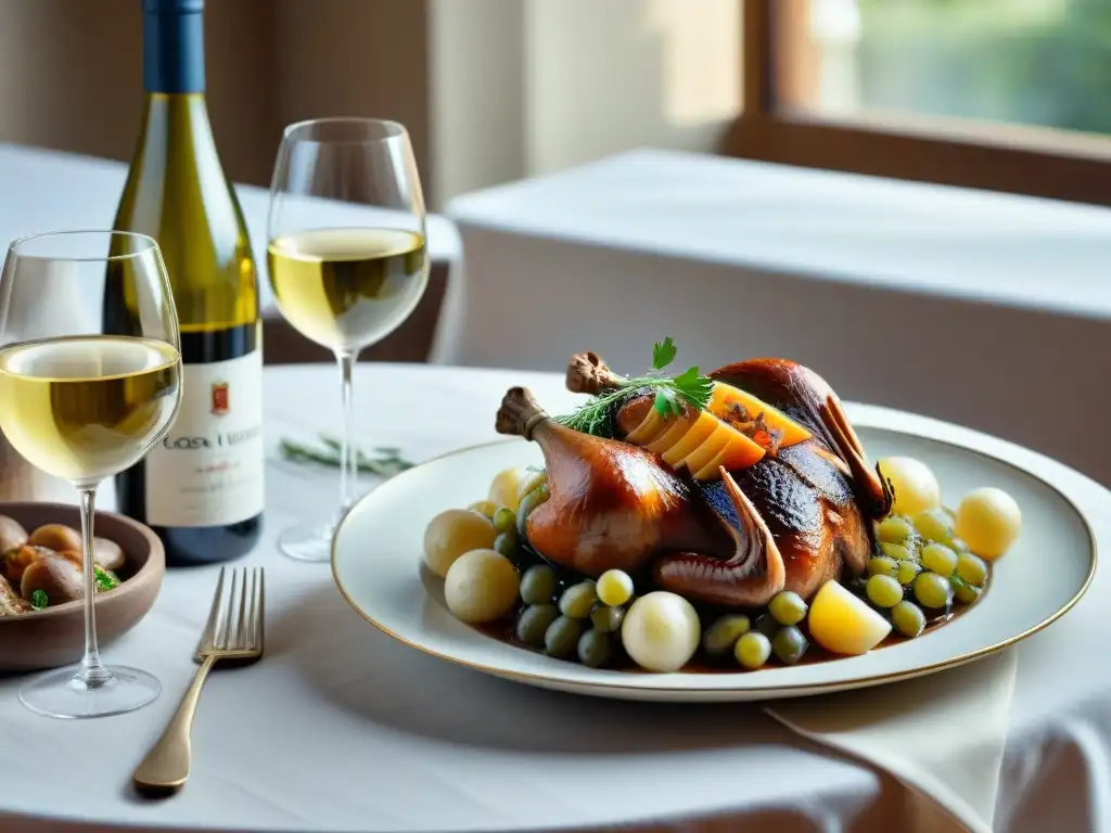 Una mesa elegante con vinos blancos y platos franceses, iluminada naturalmente