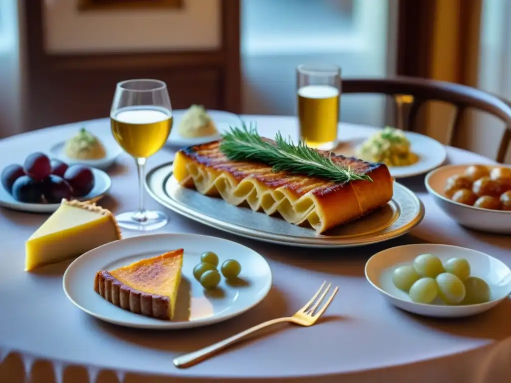 Una mesa al estilo alsaciano con platos tradicionales de Gastronomía francesa y alemana, rodeada de una casa típica alsaciana