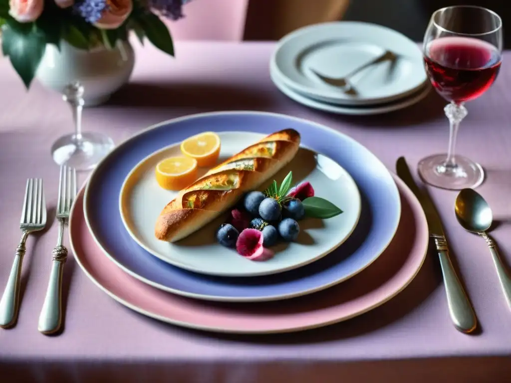 Exquisita mesa de cocina francesa con vajilla y flores Una mesa de decoración al estilo francés culinario con vajilla y copas de cristal, cubiertos de plata y centros florales elegantes