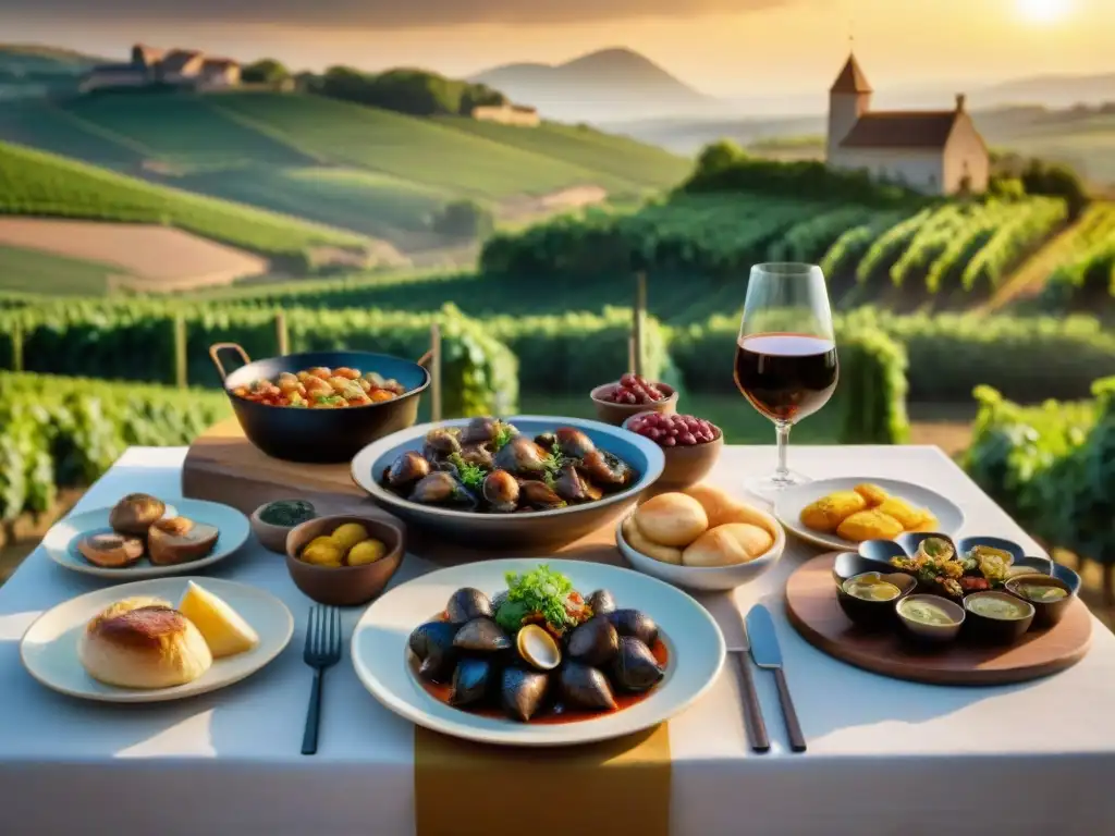 Una mesa festiva tradicional borgoñona con platos icónicos en el campo francés al atardecer, capturando la influencia cultural gastronómica de Borgoña