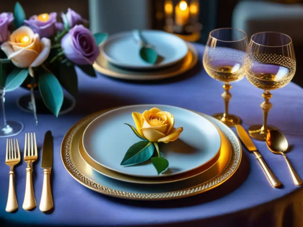 Una mesa francesa exquisitamente decorada con vajilla de porcelana, copas de cristal y cubiertos de plata, acompañada de un centro floral de rosas, lirios y lavanda