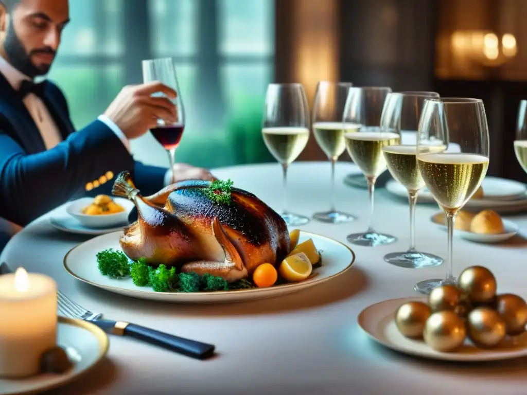 Una mesa francesa elegante con exquisitos platos y champagne