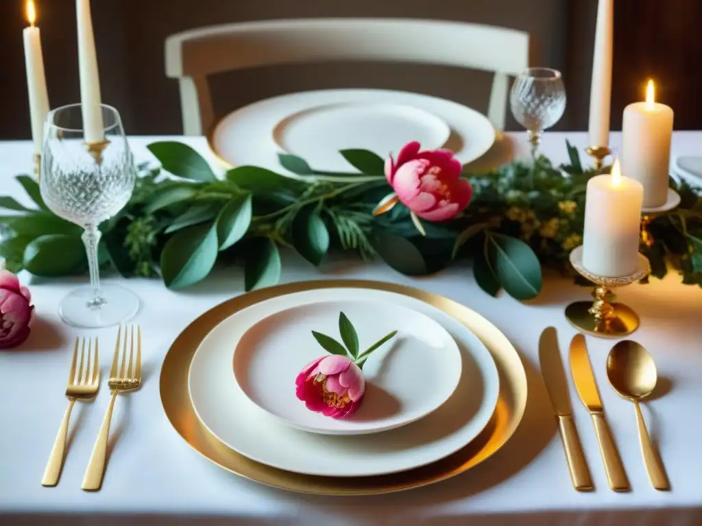 Una mesa francesa elegante con vajilla de porcelana, cubiertos de plata y copas de vino, iluminada por velas