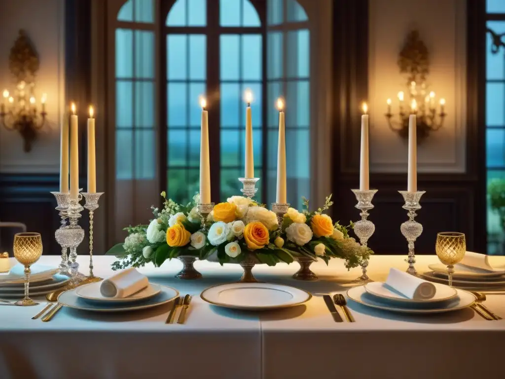 Una mesa imperial francesa del siglo XIX, con exquisitos platos, cristalería y candelabros ornamentados, iluminada por velas