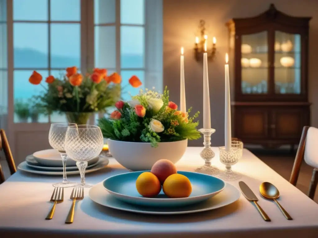 Una mesa francesa con un toque tradicional y moderno: vajilla de porcelana, cubiertos de plata y una exquisita floritura, iluminada por velas