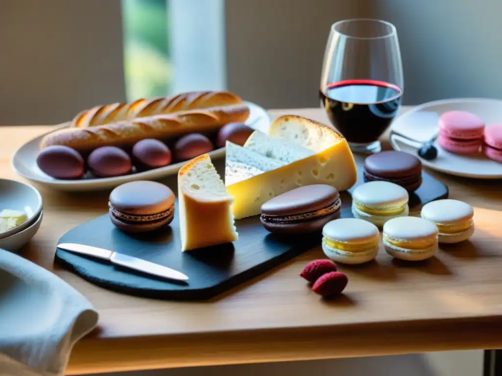 Una mesa francesa de alta gastronomía tradicional y moderna, con vajilla fina, vino tinto, baguette, quesos artesanales y macarons