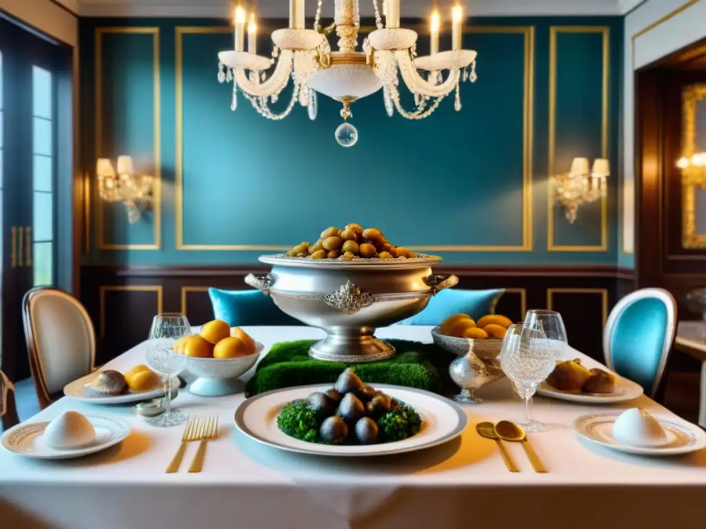 Una mesa imperial francesa llena de platos exquisitos del siglo XIX, decorada con elegancia y lujo, capturando la esencia de la gastronomía francesa