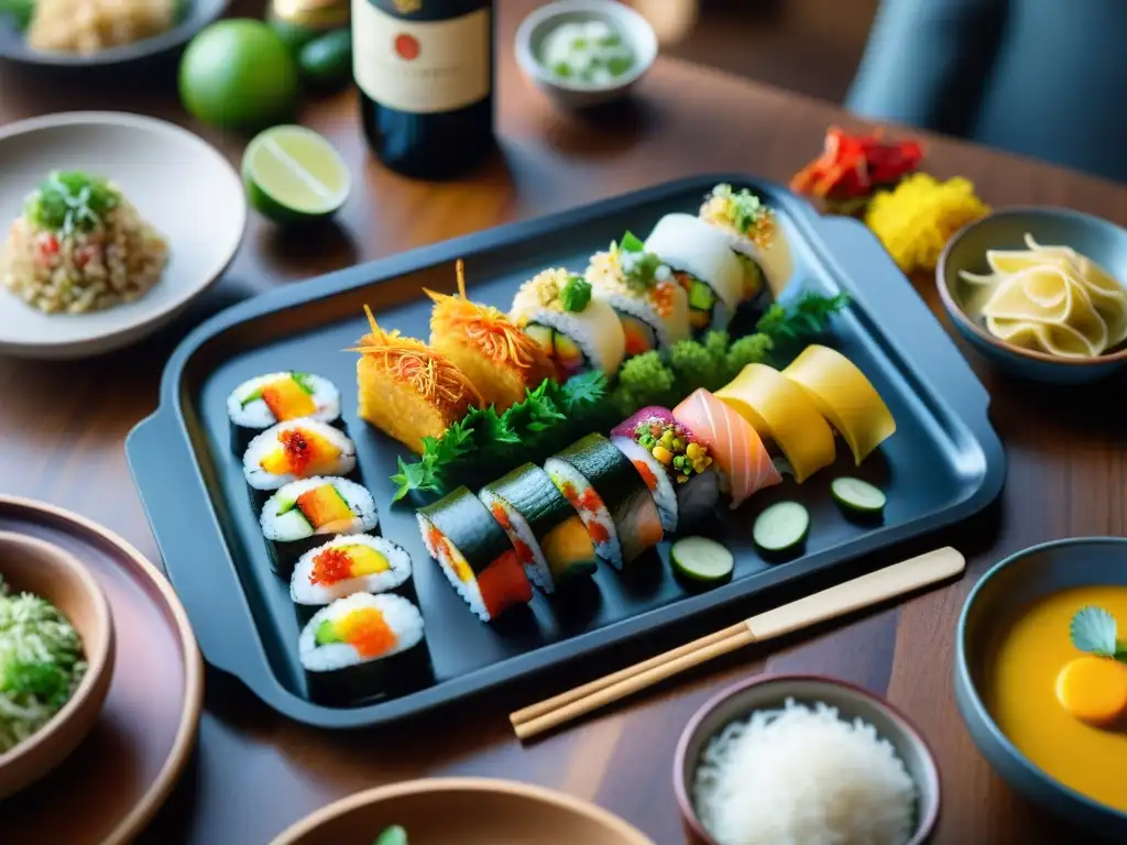 Una mesa larga de madera con platos internacionales como sushi, curry, pasta, tacos y paella, maridados con vinos de Alsacia