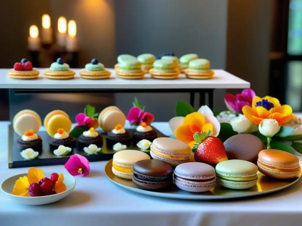 Una mesa llena de postres franceses para eventos, con macarons, éclairs, tarta y crème brûlée, decorados elegantemente