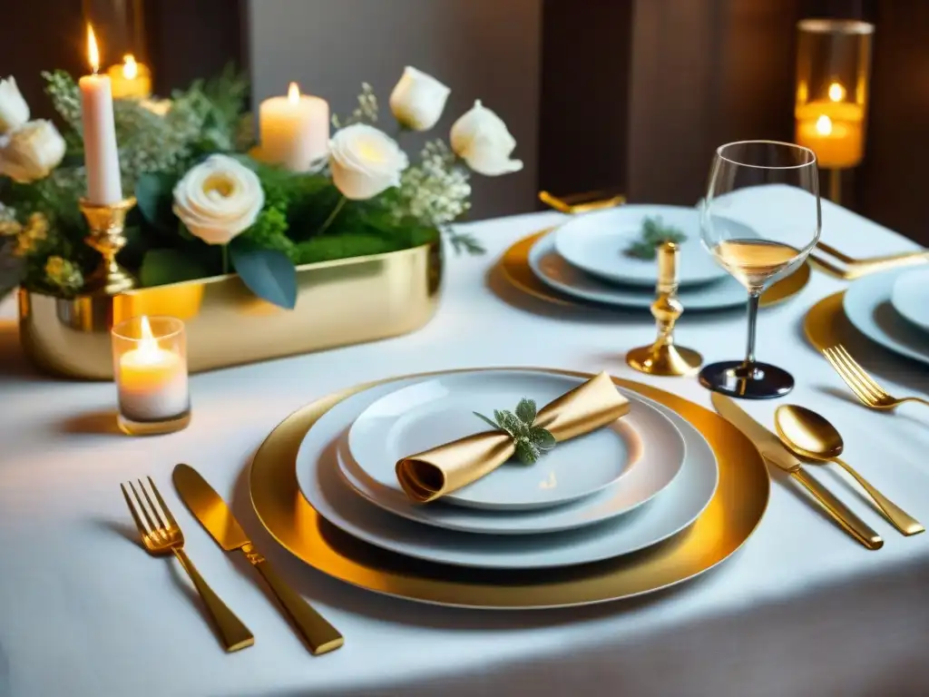 Una mesa de lujo con accesorios elegantes: platos dorados, copas de cristal, cubiertos de plata, arreglos florales y velas en portavelas dorados