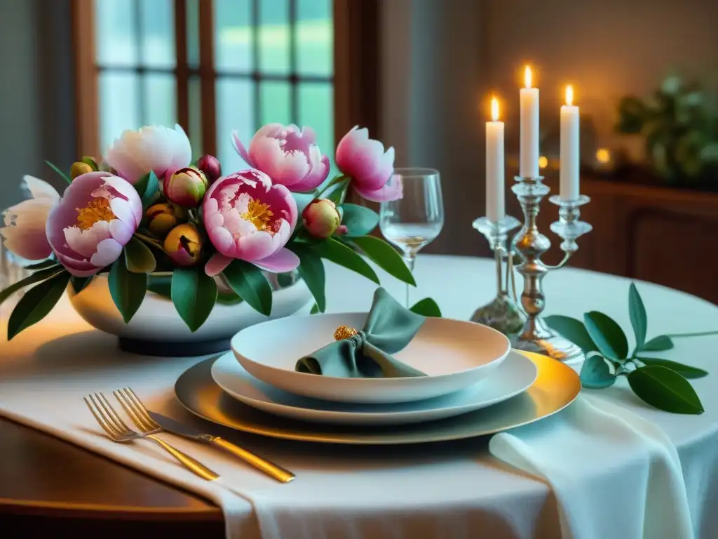 Una mesa de lujo con accesorios franceses: cubiertos de plata, platos de porcelana con motivos florales, copas de cristal, servilletas de lino y un arreglo floral de peonías y orquídeas