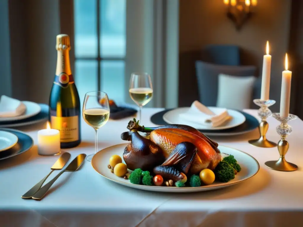 Una mesa de lujo con exquisitos platillos franceses maridados con Champagne, creando un ambiente sofisticado