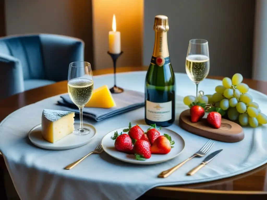 Una mesa de lujo para maridaje perfecto con Champagne Francia: copas elegantes, quesos gourmet, frutas frescas y delicados postres