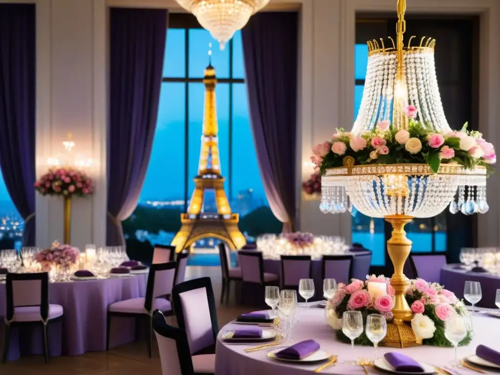 Una mesa lujosa con temática parisina, elegantemente decorada en blanco y oro con motivos de la Torre Eiffel