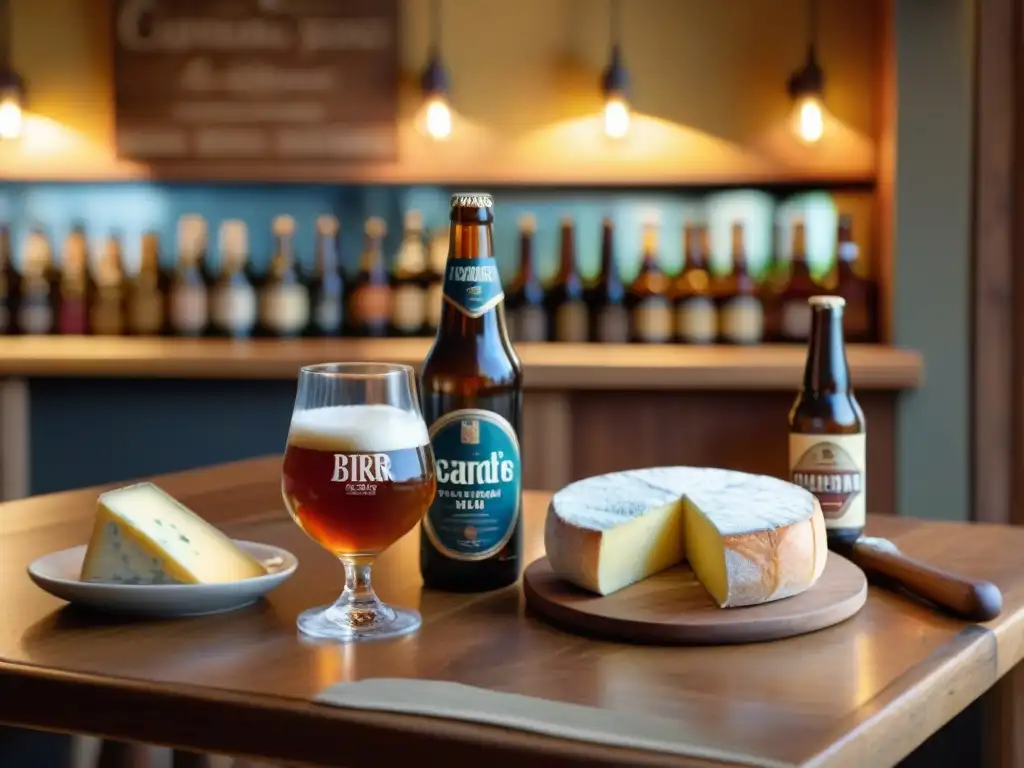 Una mesa de madera con cervezas artesanales francesas más populares, quesos y embutidos, iluminada cálidamente