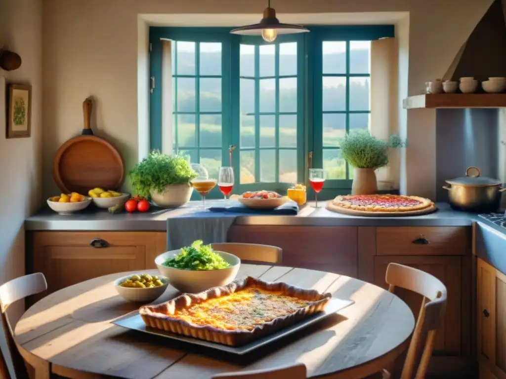 Una mesa de madera con deliciosos platos vegetarianos franceses en una cocina rústica iluminada por el sol