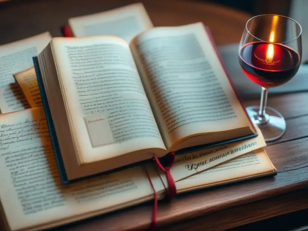 Una mesa de madera envejecida con libros de poesía francesa y copas de vino tinto, evocando la conexión entre vino francés, literatura y gastronomía