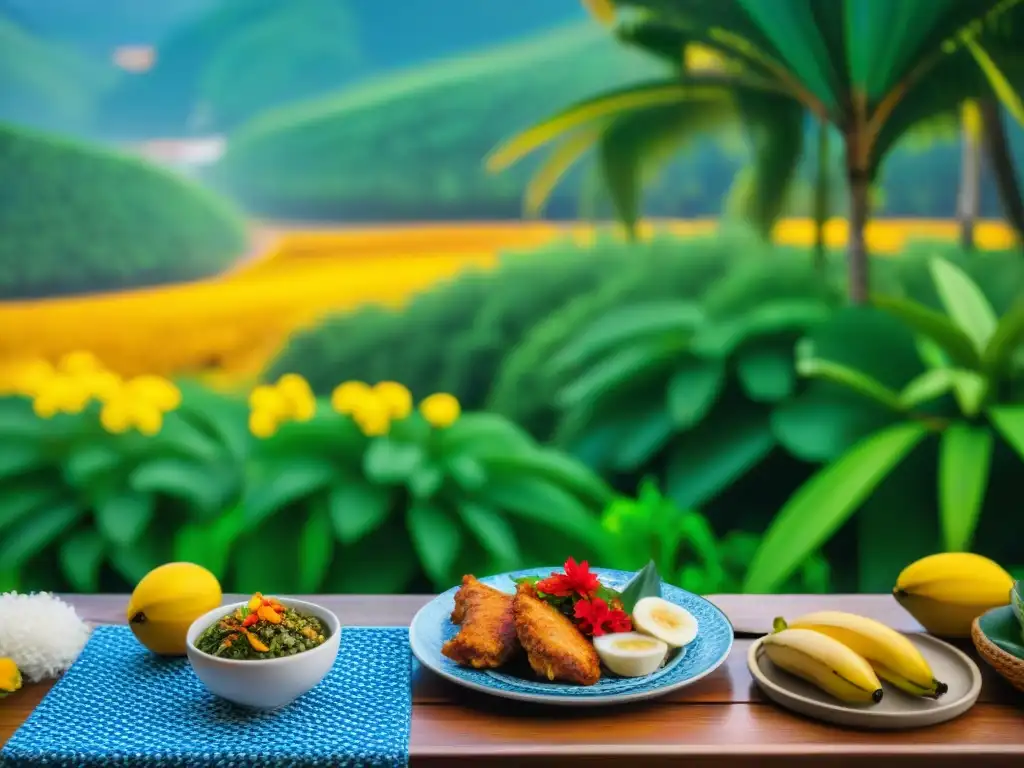 Una mesa de madera larga decorada con platos típicos Guadalupe festivos en coloridos platos de cerámica, bajo un árbol tropical