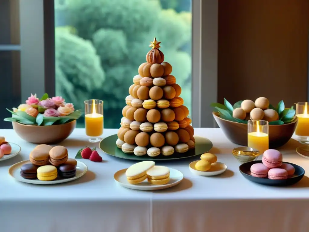 Una mesa de madera larga decorada con exquisitos centros de mesa comestibles franceses, incluyendo un croquembouche y macarons en tonos pastel